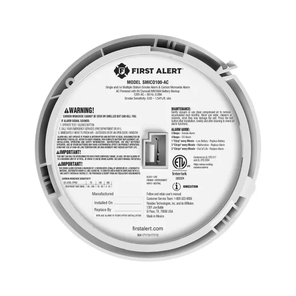 BRK First Alert SMIC0100-AC Hardwired Dual Smoke & CO Alarm with Battery Backup