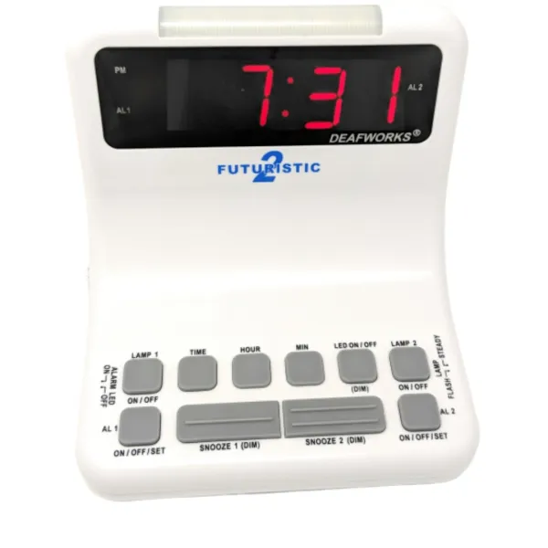 DEAFWORKS Futuristic 2 Dual Alarm Clock with Flashing or Steady Light mode and Dual USB Charging Ports - White