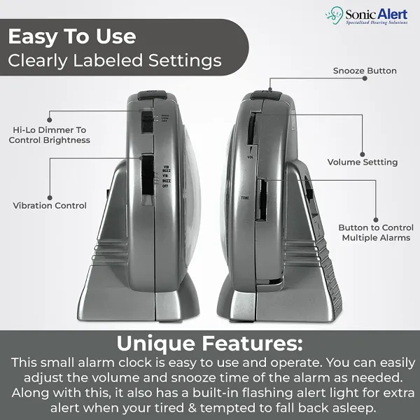 Sonic Alert Sonic Boom SBA475ss Vibrating Analog Alarm Clock | Dark Grey